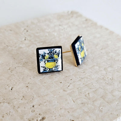 Flower Antique Portugal Tile Silver Stud Earring Small Square Tile Post Portuguese Azulejo Geometric Yellow Earring Gift Handmade Jewelry