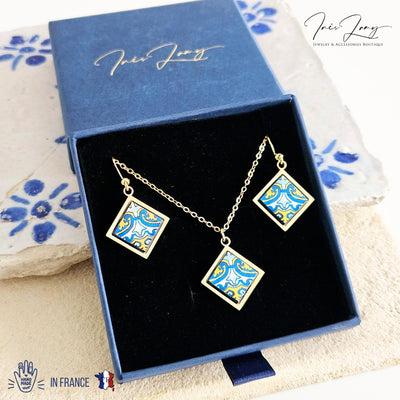 Portugal Azulejo GOLD Jewelry Gift Set Tile Pendant Earring Portuguese Blue Yellow Charm Silver Steel Square Necklace Tile Handmade Gift