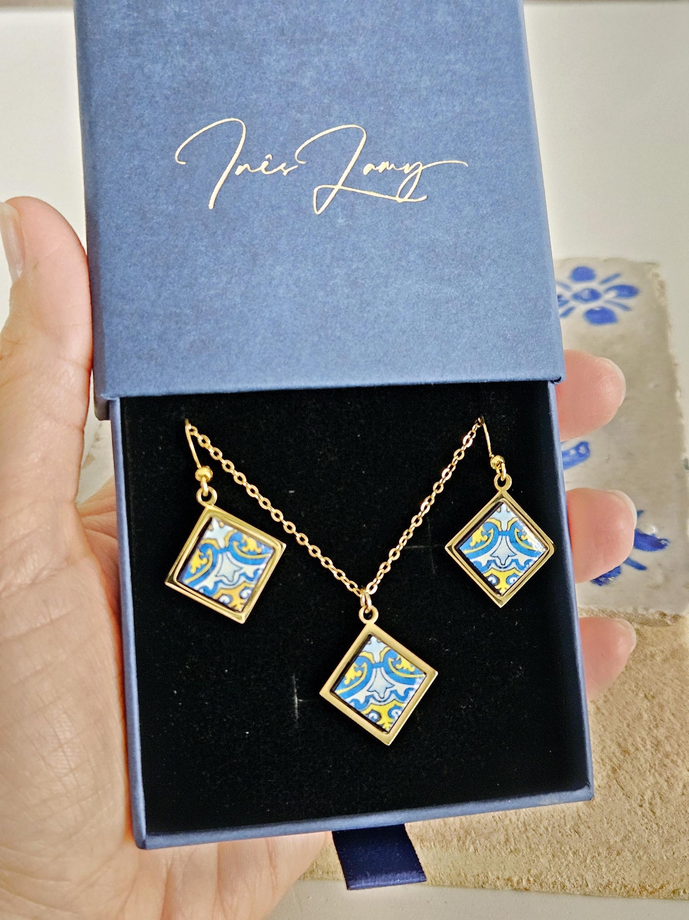 Portugal Azulejo GOLD Jewelry Gift Set Tile Pendant Earring Portuguese Blue Yellow Charm Silver Steel Square Necklace Tile Handmade Gift