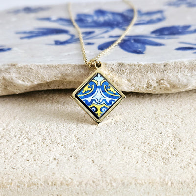 Portugal Azulejo GOLD Jewelry Gift Set Tile Pendant Earring Portuguese Blue Yellow Charm Silver Steel Square Necklace Tile Handmade Gift