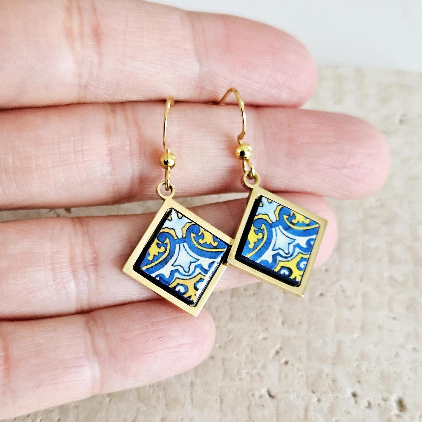 Portugal Azulejo GOLD Jewelry Gift Set Tile Pendant Earring Portuguese Blue Yellow Charm Silver Steel Square Necklace Tile Handmade Gift