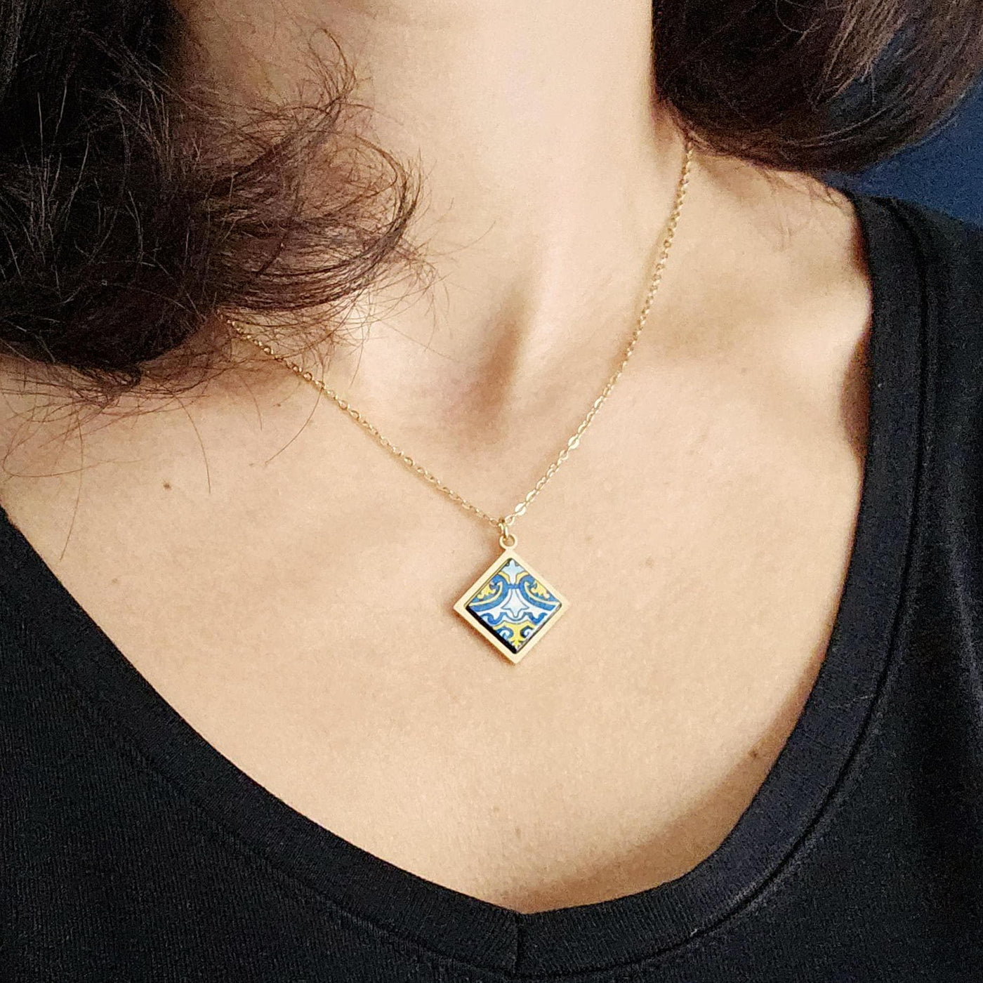 Portugal Azulejo GOLD Jewelry Gift Set Tile Pendant Earring Portuguese Blue Yellow Charm Silver Steel Square Necklace Tile Handmade Gift