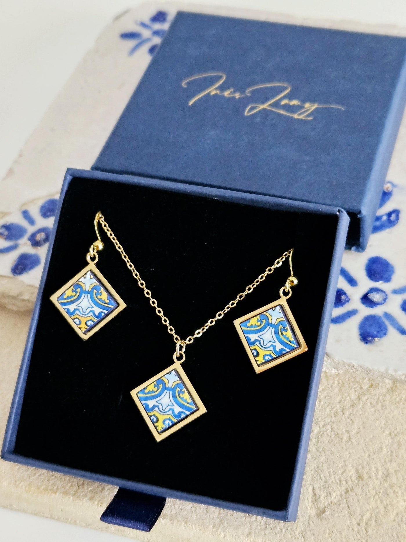 Portugal Azulejo GOLD Jewelry Gift Set Tile Pendant Earring Portuguese Blue Yellow Charm Silver Steel Square Necklace Tile Handmade Gift