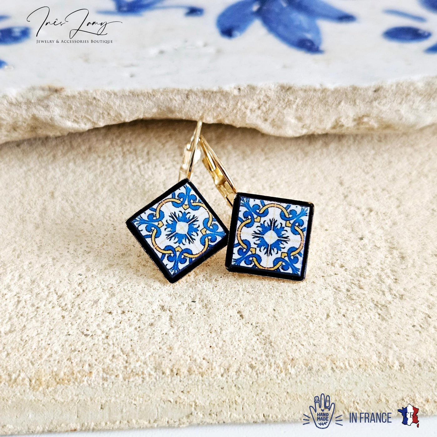 Portugal Azulejo Earring Blue Yellow Tile GOLD Drop Earring Square Geometric Earring Majolica Tile Pattern Antique Tile Earring Wife Gift