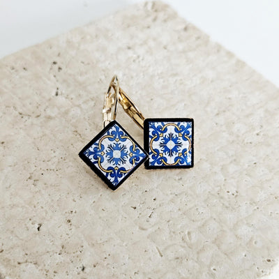 Portugal Azulejo Earring Blue Yellow Tile GOLD Drop Earring Square Geometric Earring Majolica Tile Pattern Antique Tile Earring Wife Gift