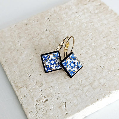 Portugal Azulejo Earring Blue Yellow Tile GOLD Drop Earring Square Geometric Earring Majolica Tile Pattern Antique Tile Earring Wife Gift