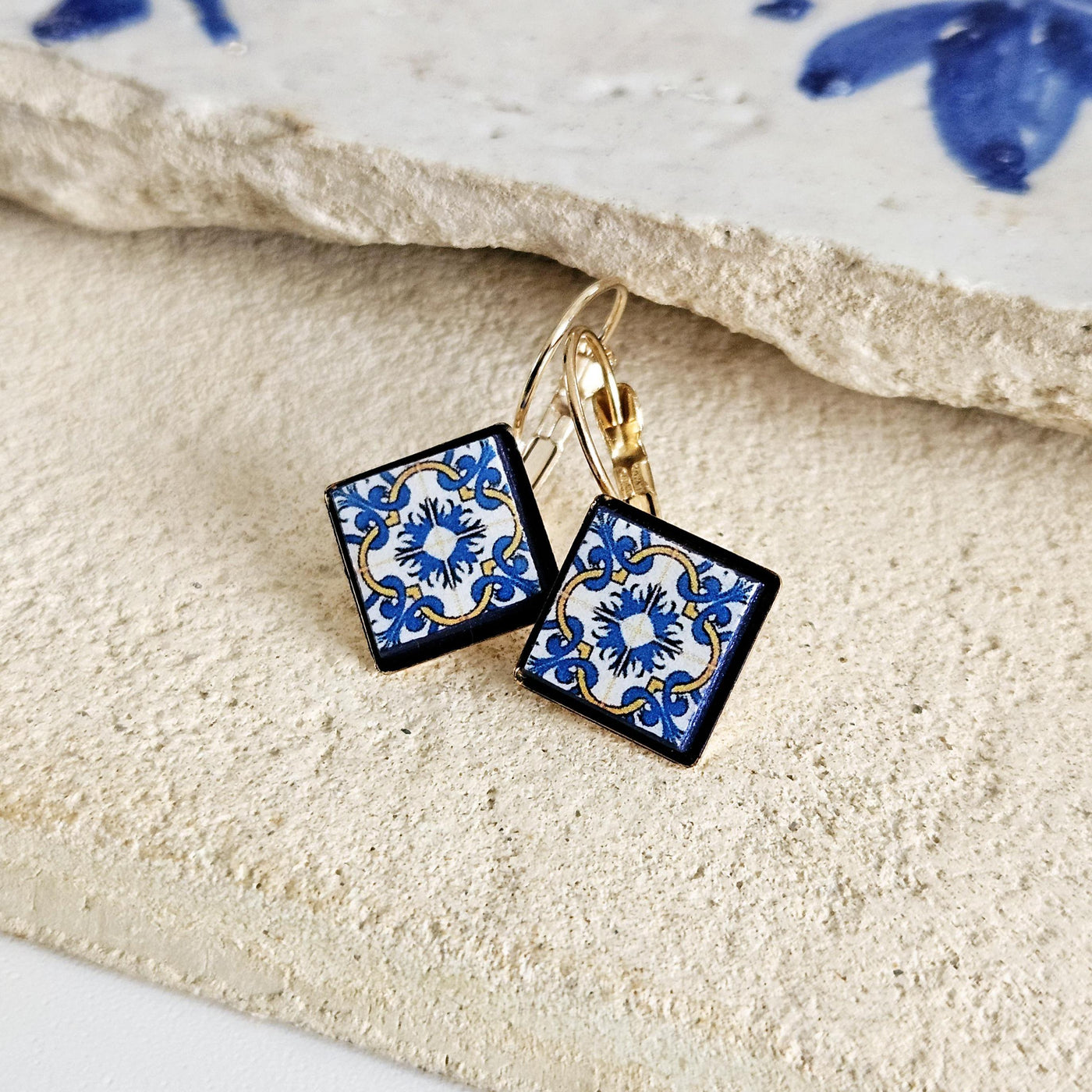 Portugal Azulejo Earring Blue Yellow Tile GOLD Drop Earring Square Geometric Earring Majolica Tile Pattern Antique Tile Earring Wife Gift