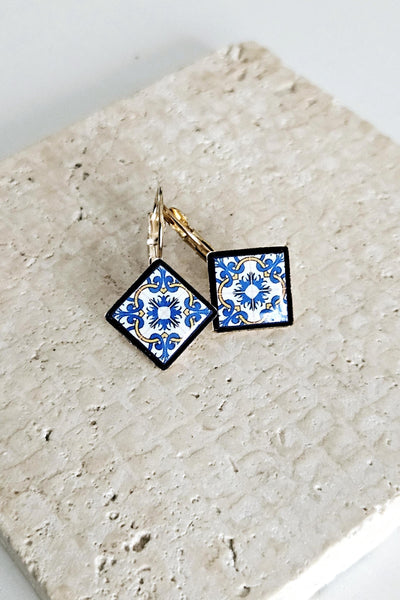 Portugal Azulejo Earring Blue Yellow Tile GOLD Drop Earring Square Geometric Earring Majolica Tile Pattern Antique Tile Earring Wife Gift