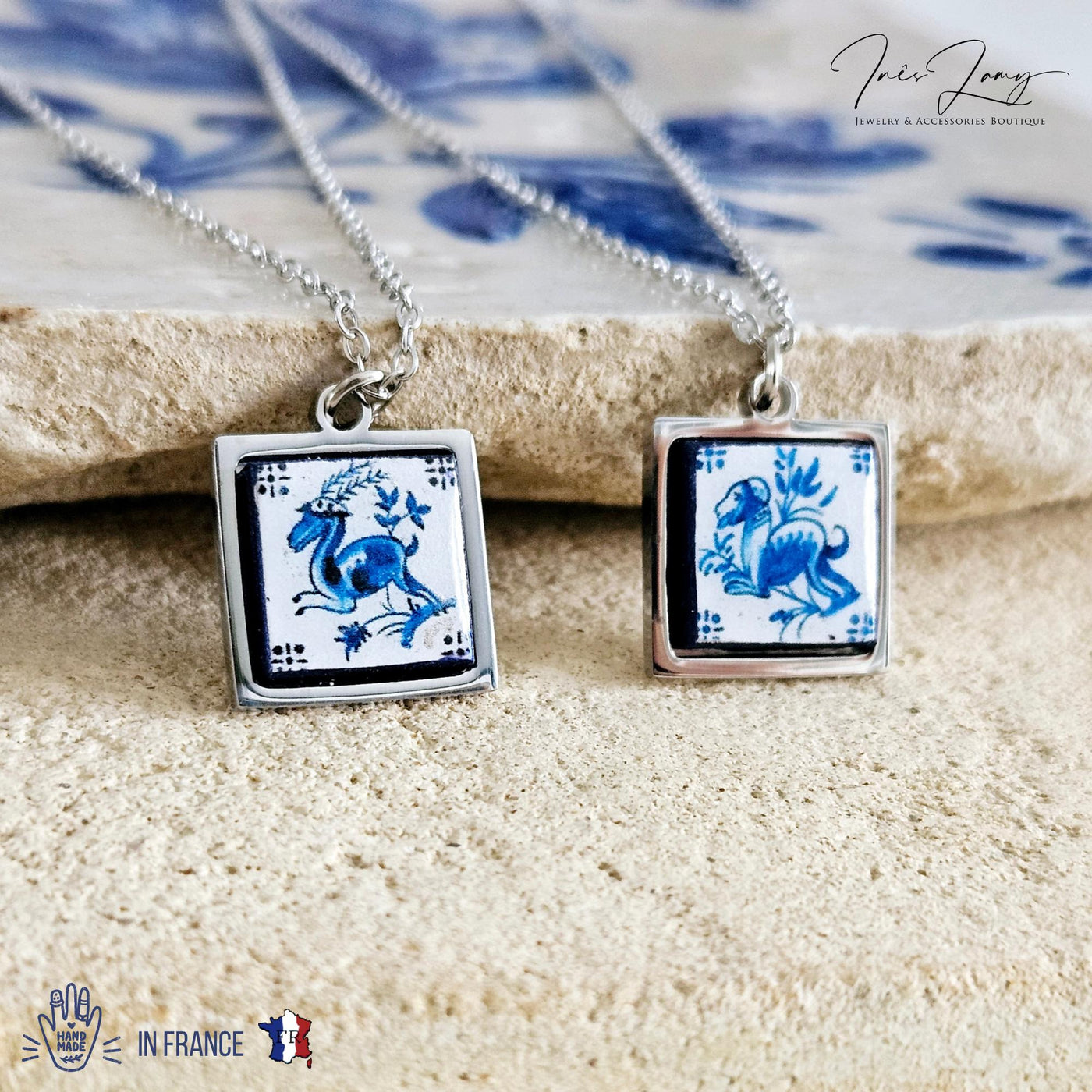 DELFT Animal XVIII Century Antique Tile Pendant Portuguese Blue White Small Tile Azulejo Necklace Travel Gift Handmade Mythical Medieval