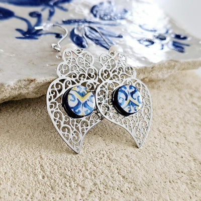 Viana Heart Blue Tile Earring Filigree Silver Steel Dangle Heart Charm Round Azulejo White Pearl Lightweight Handmade Christmas Jewelry Gift