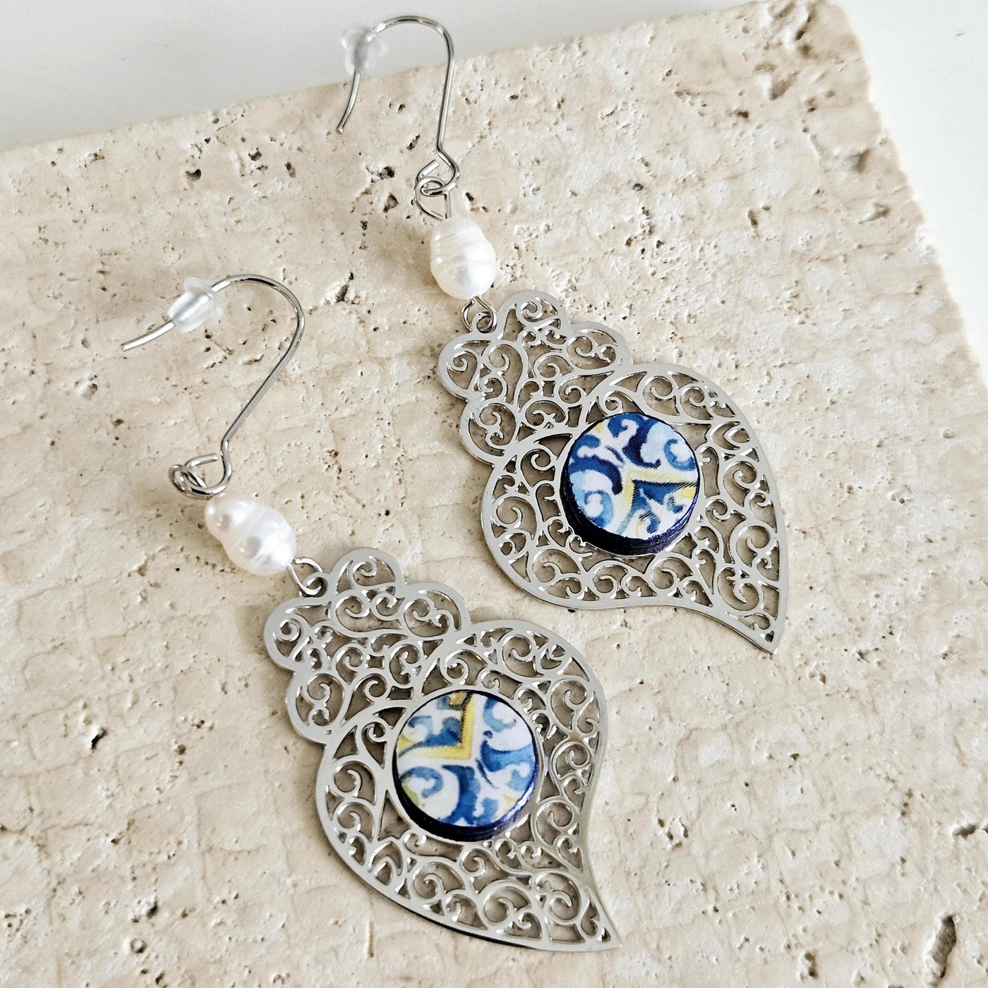 Viana Heart Blue Tile Earring Filigree Silver Steel Dangle Heart Charm Round Azulejo White Pearl Lightweight Handmade Christmas Jewelry Gift