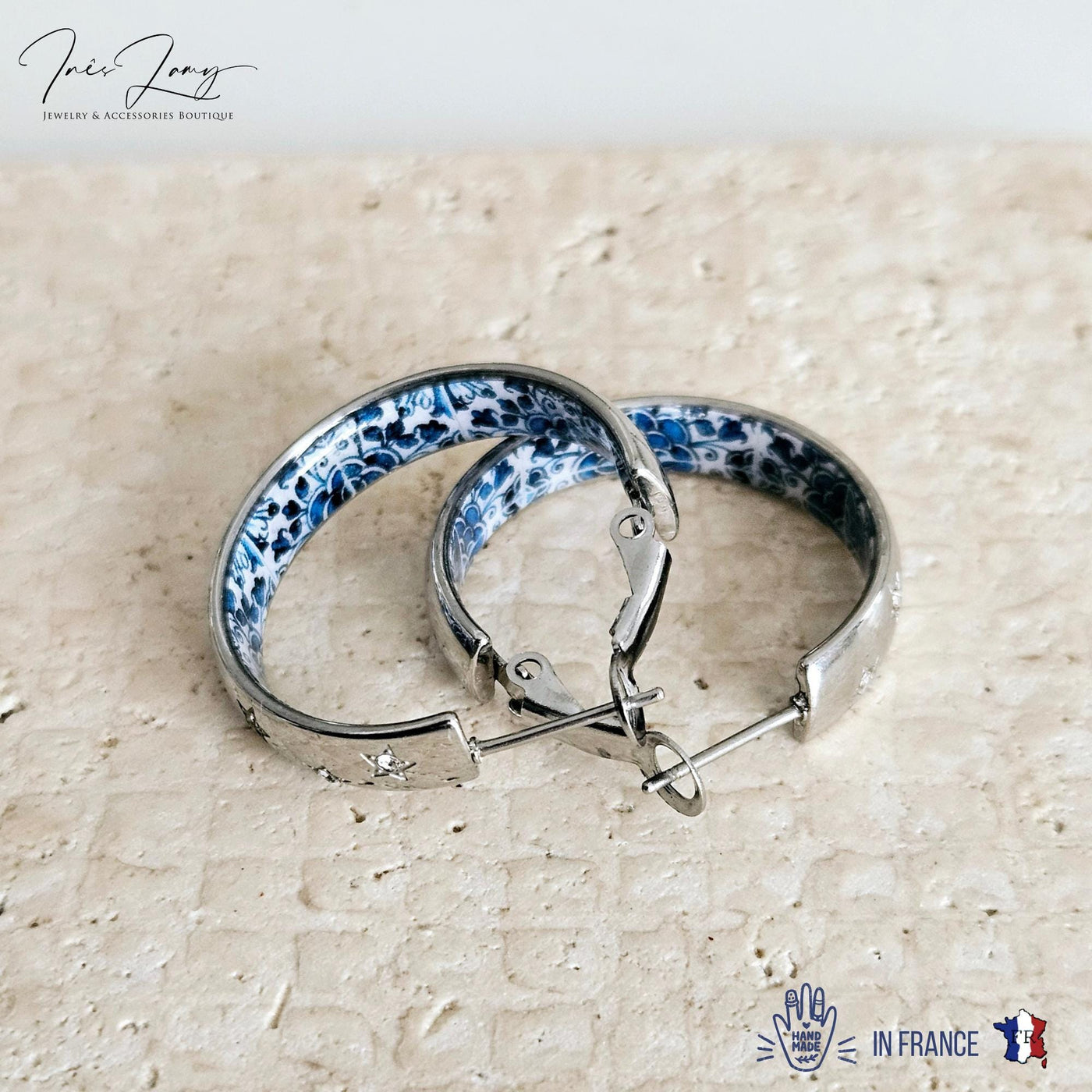 Antique BLUE Tile Large HOOP Earring Blue Flower Silver STEEL Azulejo Silver Hoop Historical Jewelry Anniversary Women Handmade Fashion Gift