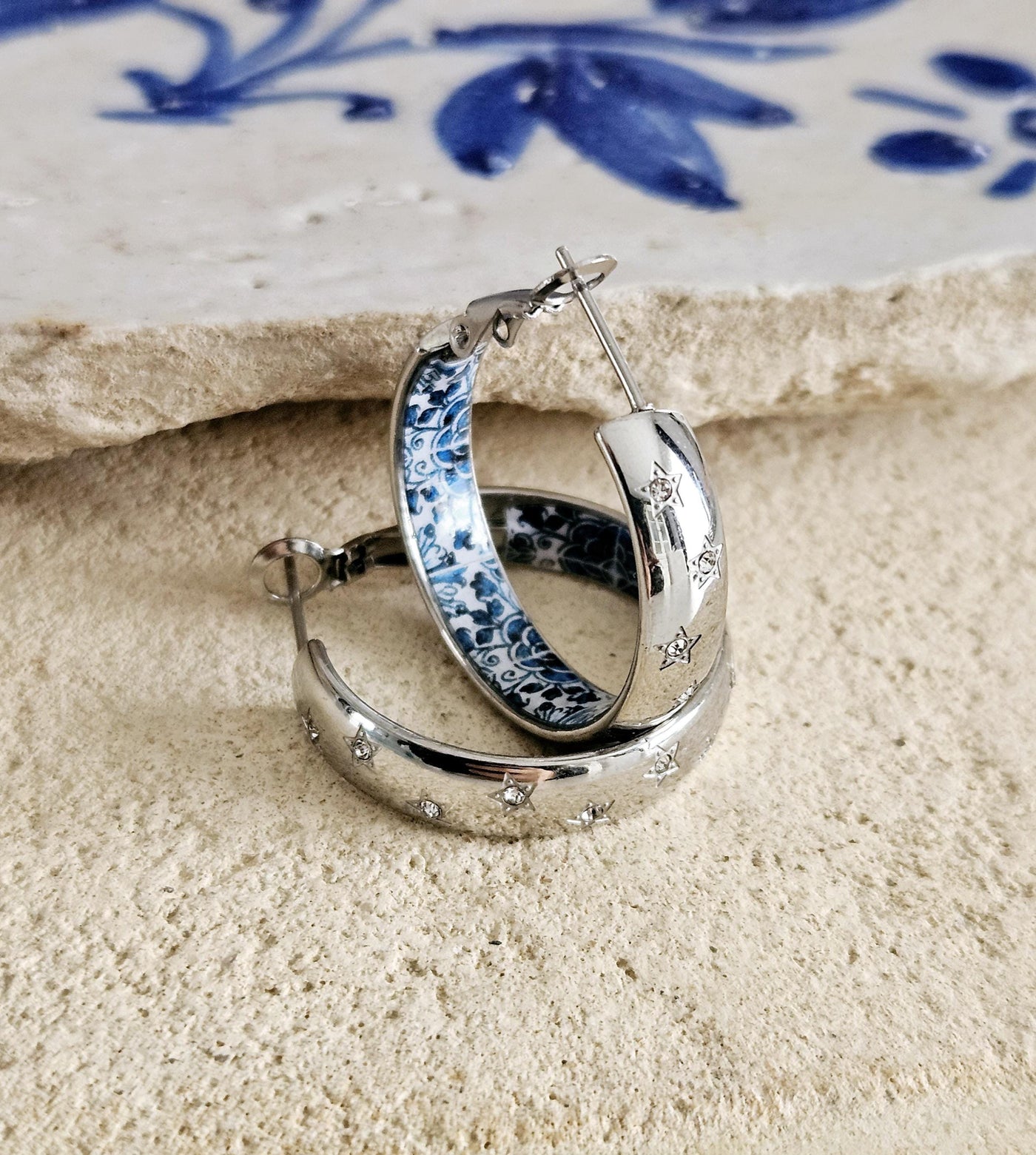 Antique BLUE Tile Large HOOP Earring Blue Flower Silver STEEL Azulejo Silver Hoop Historical Jewelry Anniversary Women Handmade Fashion Gift