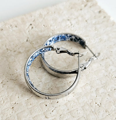 Antique BLUE Tile Large HOOP Earring Blue Flower Silver STEEL Azulejo Silver Hoop Historical Jewelry Anniversary Women Handmade Fashion Gift