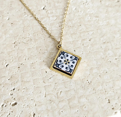 GOLD Blue Yellow Tile Charm Necklace Portuguese Tile Azulejo Gold Pendant Steel Square Necklace Tile Portugal Gift Handmade Souvenir