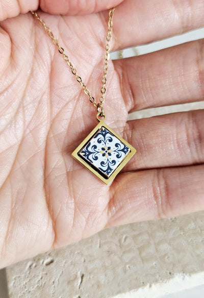 GOLD Blue Yellow Tile Charm Necklace Portuguese Tile Azulejo Gold Pendant Steel Square Necklace Tile Portugal Gift Handmade Souvenir