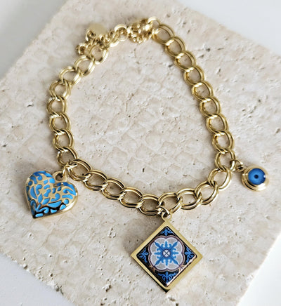 GOLD Charm Tile Bracelet Large Chain Bracelet Stainless Steel Square Turquoise Heart Charm Evil Eye Charm Bracelet Christmas Portugal Gift