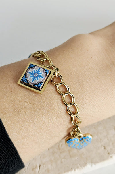 GOLD Charm Tile Bracelet Large Chain Bracelet Stainless Steel Square Turquoise Heart Charm Evil Eye Charm Bracelet Christmas Portugal Gift