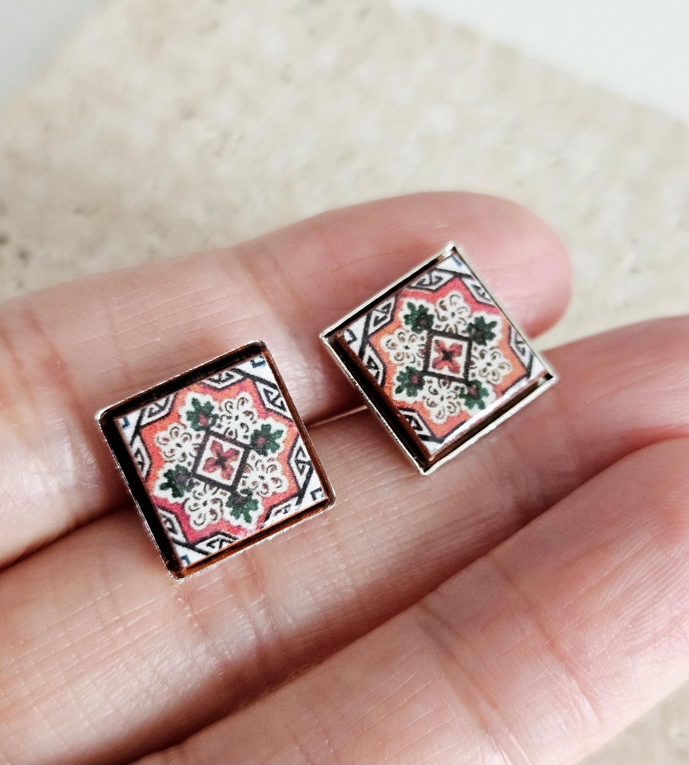 Portugal BURGUNDY Tile Silver Stud Earring Small Square Tile Post Portuguese Azulejo Geometric Red White Earring Wife Gift Handmade Jewelry