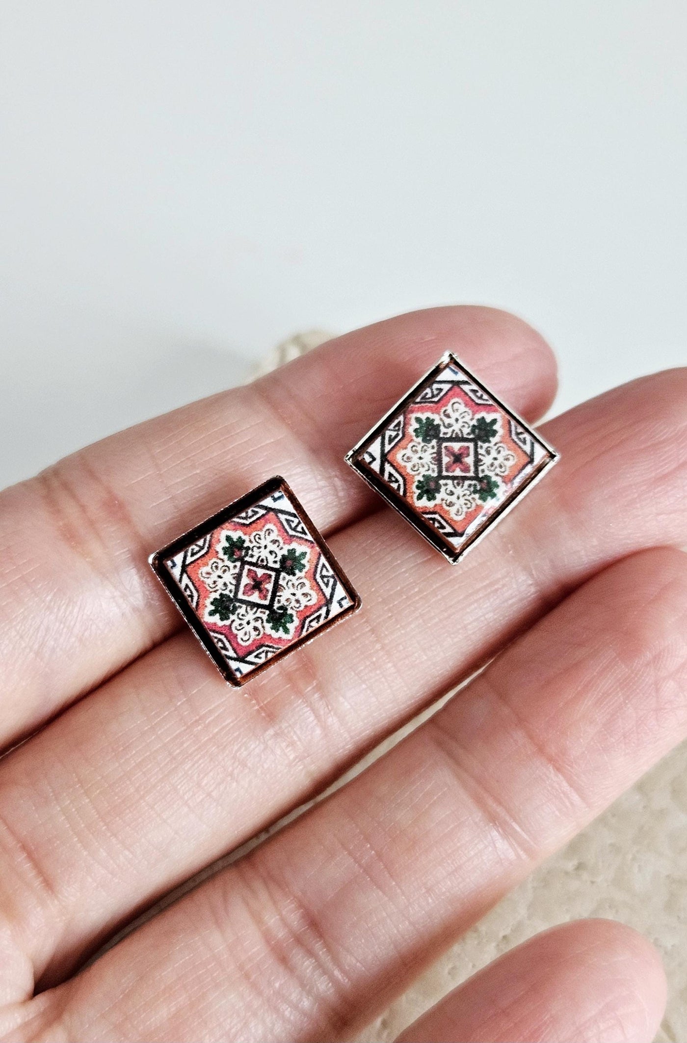 Portugal BURGUNDY Tile Silver Stud Earring Small Square Tile Post Portuguese Azulejo Geometric Red White Earring Wife Gift Handmade Jewelry