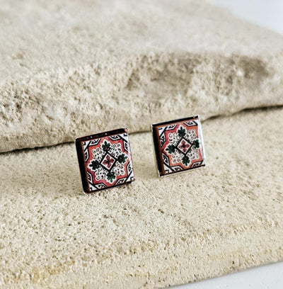 Portugal BURGUNDY Tile Silver Stud Earring Small Square Tile Post Portuguese Azulejo Geometric Red White Earring Wife Gift Handmade Jewelry