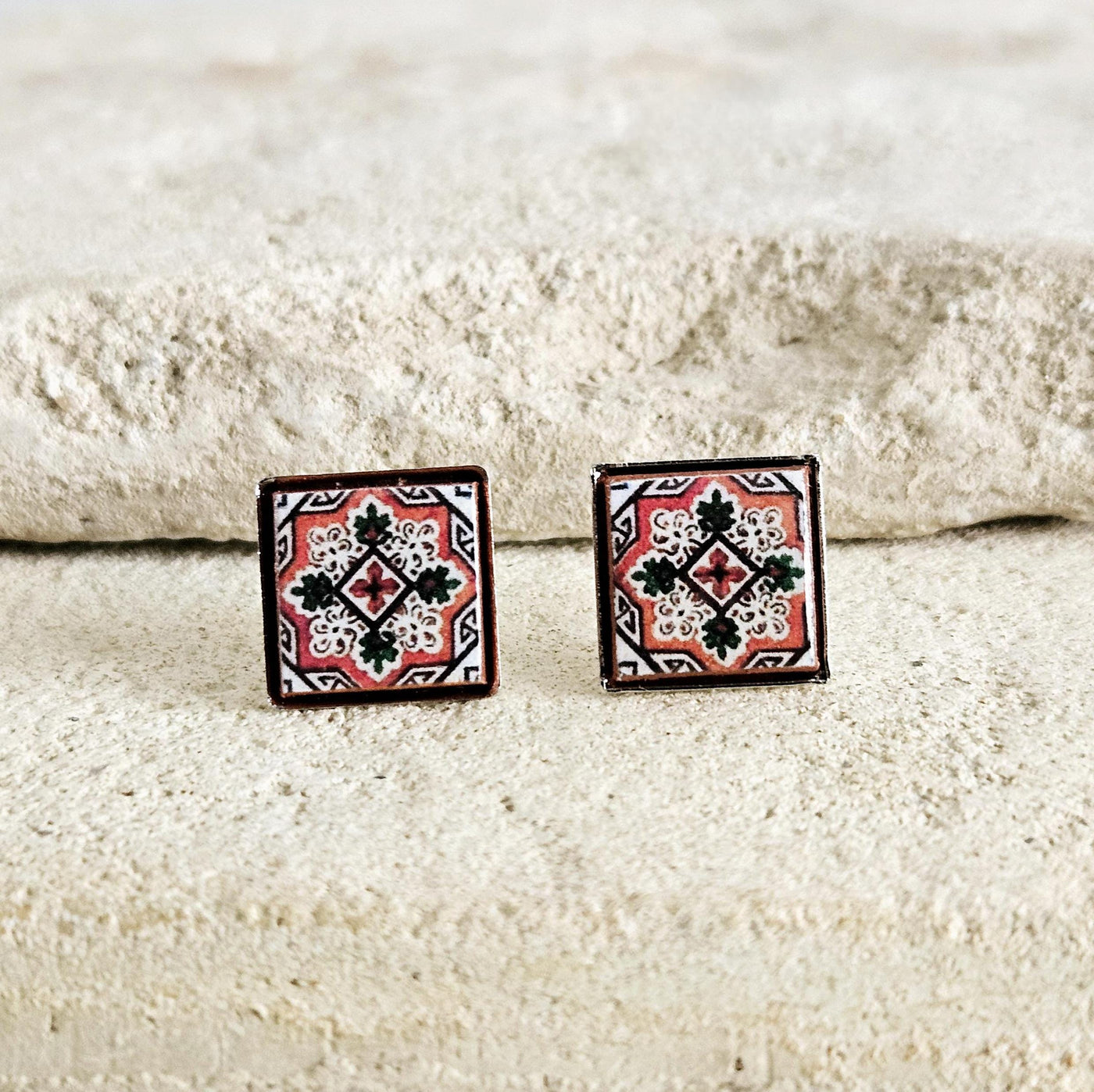 Portugal BURGUNDY Tile Silver Stud Earring Small Square Tile Post Portuguese Azulejo Geometric Red White Earring Wife Gift Handmade Jewelry