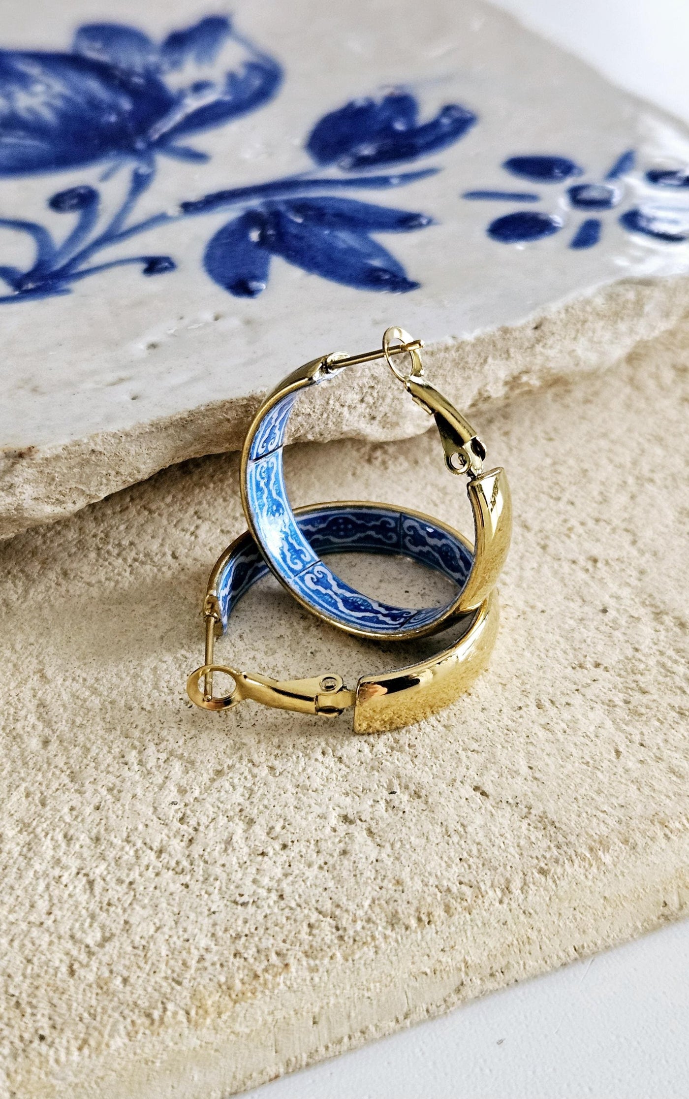 GOLD Hoop BLUE Tile Large Earring STEEL Azulejo Inlay Stars Hoop Historical Jewelry Anniversary Women Handmade Sapphire Blue Jewelry Gift