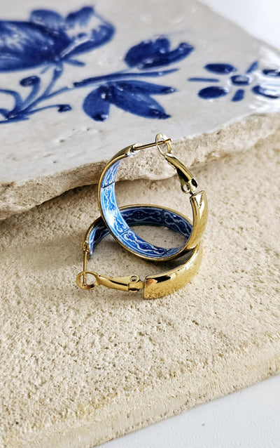 GOLD Hoop BLUE Tile Large Earring STEEL Azulejo Inlay Stars Hoop Historical Jewelry Anniversary Women Handmade Sapphire Blue Jewelry Gift