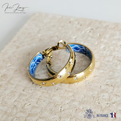 GOLD Hoop BLUE Tile Large Earring STEEL Azulejo Inlay Stars Hoop Historical Jewelry Anniversary Women Handmade Sapphire Blue Jewelry Gift