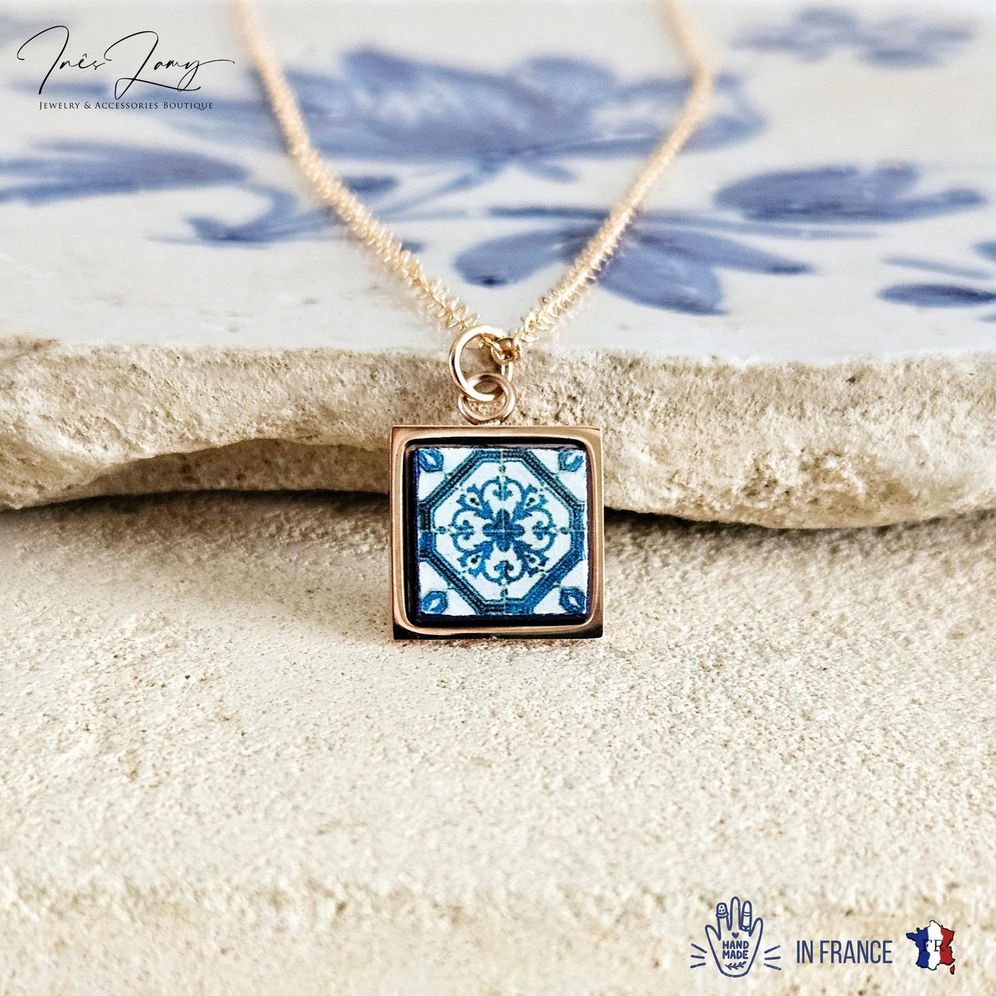 ROSE GOLD Lisbon Tile Charm Necklace Blue White Tile Portugal Azulejo Gold Pendant Steel Square Necklace Tile Portugal Handmade Mom Gift