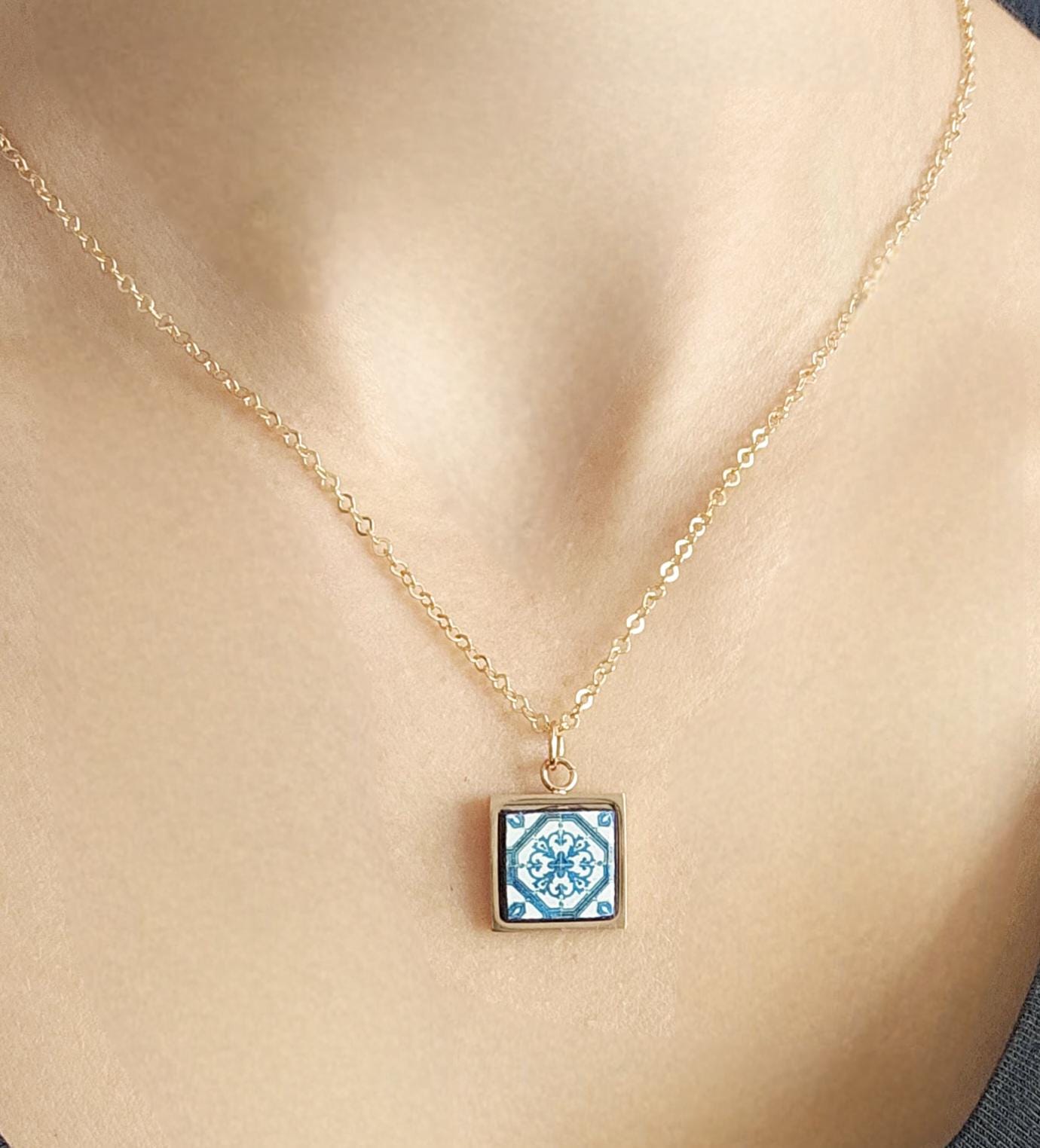 ROSE GOLD Lisbon Tile Charm Necklace Blue White Tile Portugal Azulejo Gold Pendant Steel Square Necklace Tile Portugal Handmade Mom Gift