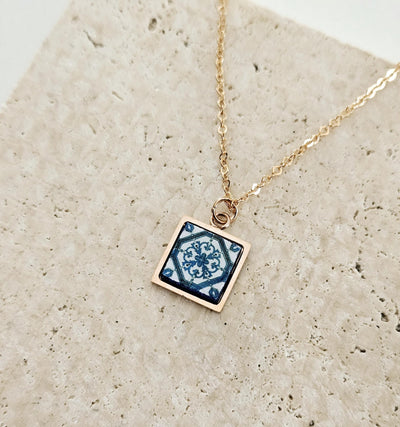 ROSE GOLD Lisbon Tile Charm Necklace Blue White Tile Portugal Azulejo Gold Pendant Steel Square Necklace Tile Portugal Handmade Mom Gift