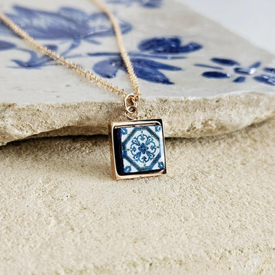 ROSE GOLD Lisbon Tile Charm Necklace Blue White Tile Portugal Azulejo Gold Pendant Steel Square Necklace Tile Portugal Handmade Mom Gift