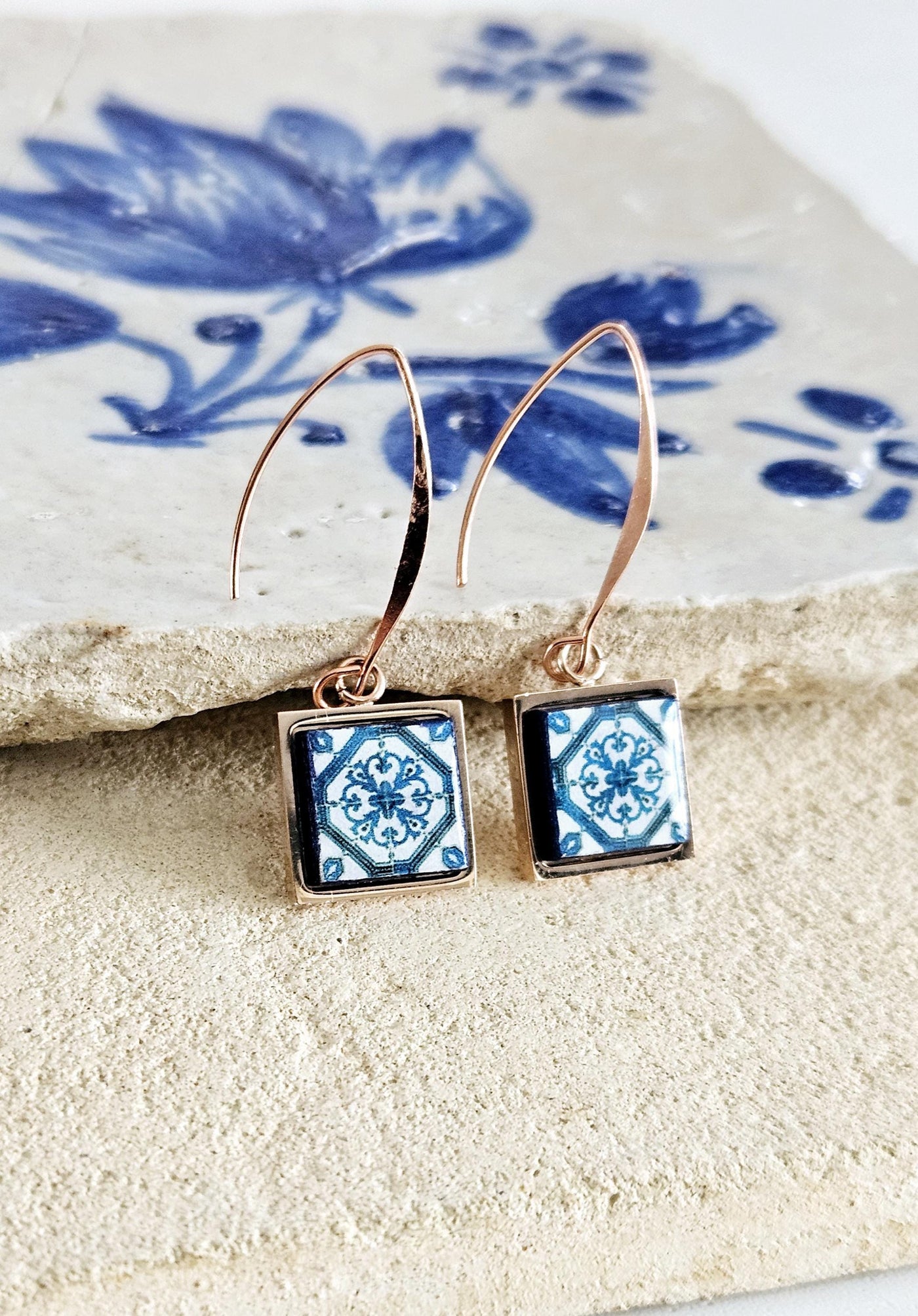 Lisbon Tile Rose Gold Long Earring Square Drop Tile Earring Gold STEEL Antique Portugal Azulejo Jewelry Mother Gift Wedding Earring Gift