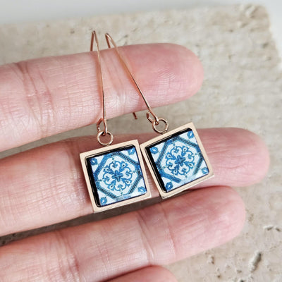 Lisbon Tile Rose Gold Long Earring Square Drop Tile Earring Gold STEEL Antique Portugal Azulejo Jewelry Mother Gift Wedding Earring Gift