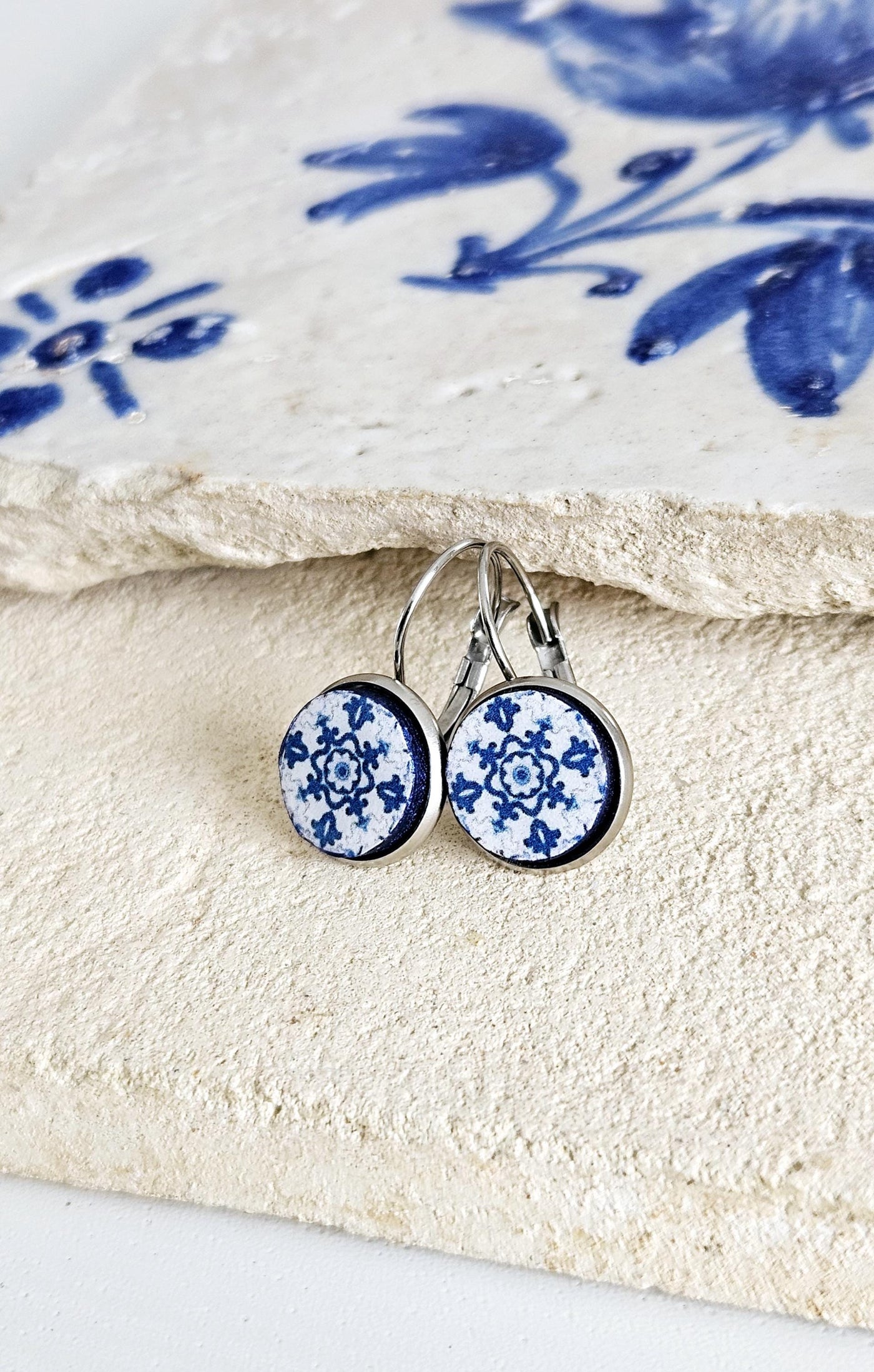 Portugal Blue Round Azulejo Earring Silver STEEL Portuguese Tile Drop Earring Geometric Earring Majolica Blue Tile Antique Azulejo Earring