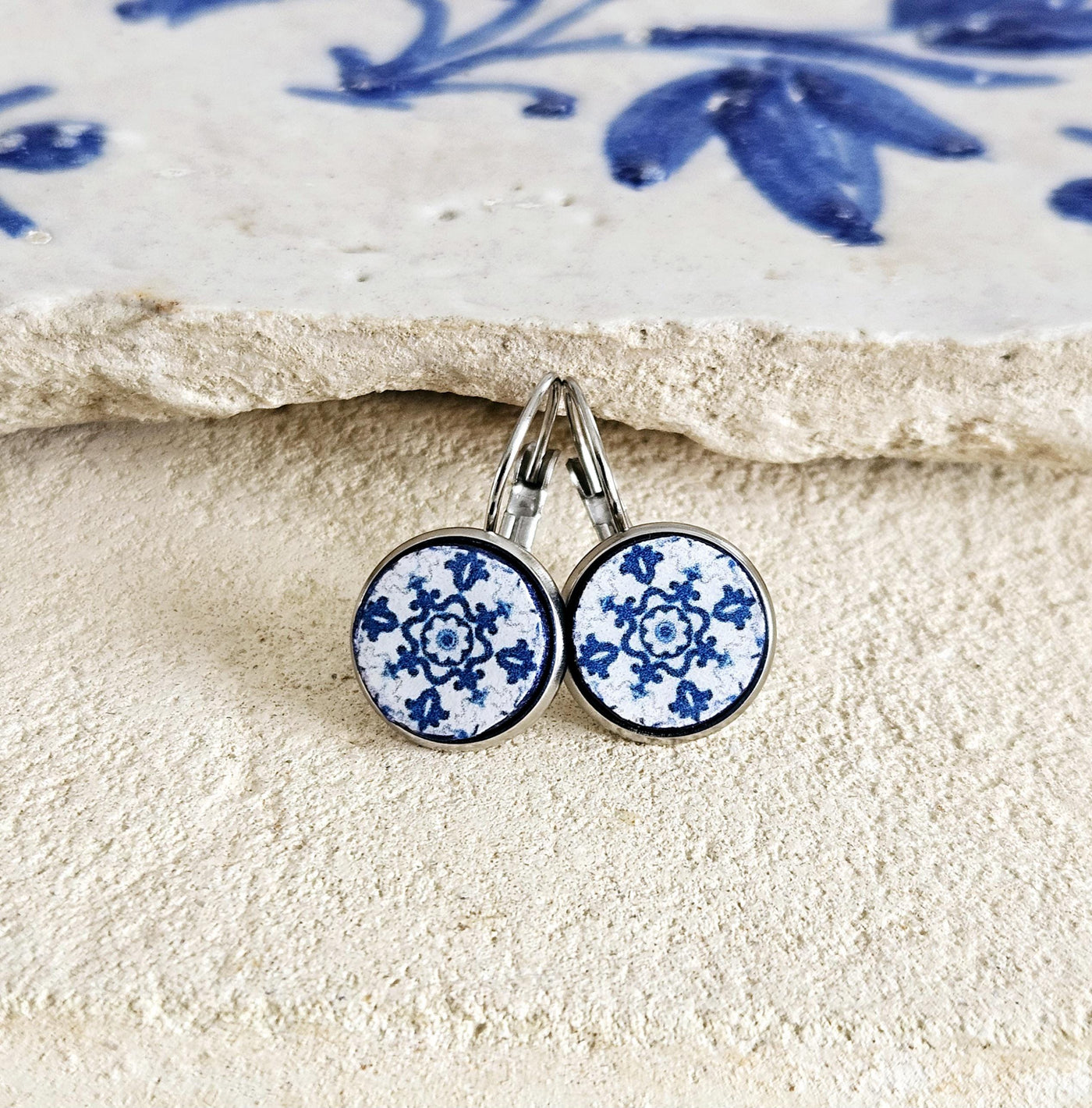 Portugal Blue Round Azulejo Earring Silver STEEL Portuguese Tile Drop Earring Geometric Earring Majolica Blue Tile Antique Azulejo Earring