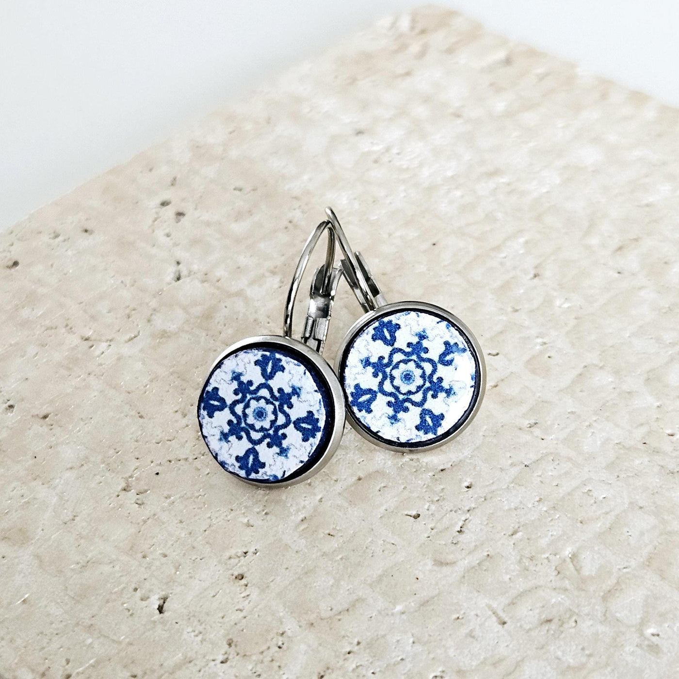 Portugal Blue Round Azulejo Earring Silver STEEL Portuguese Tile Drop Earring Geometric Earring Majolica Blue Tile Antique Azulejo Earring