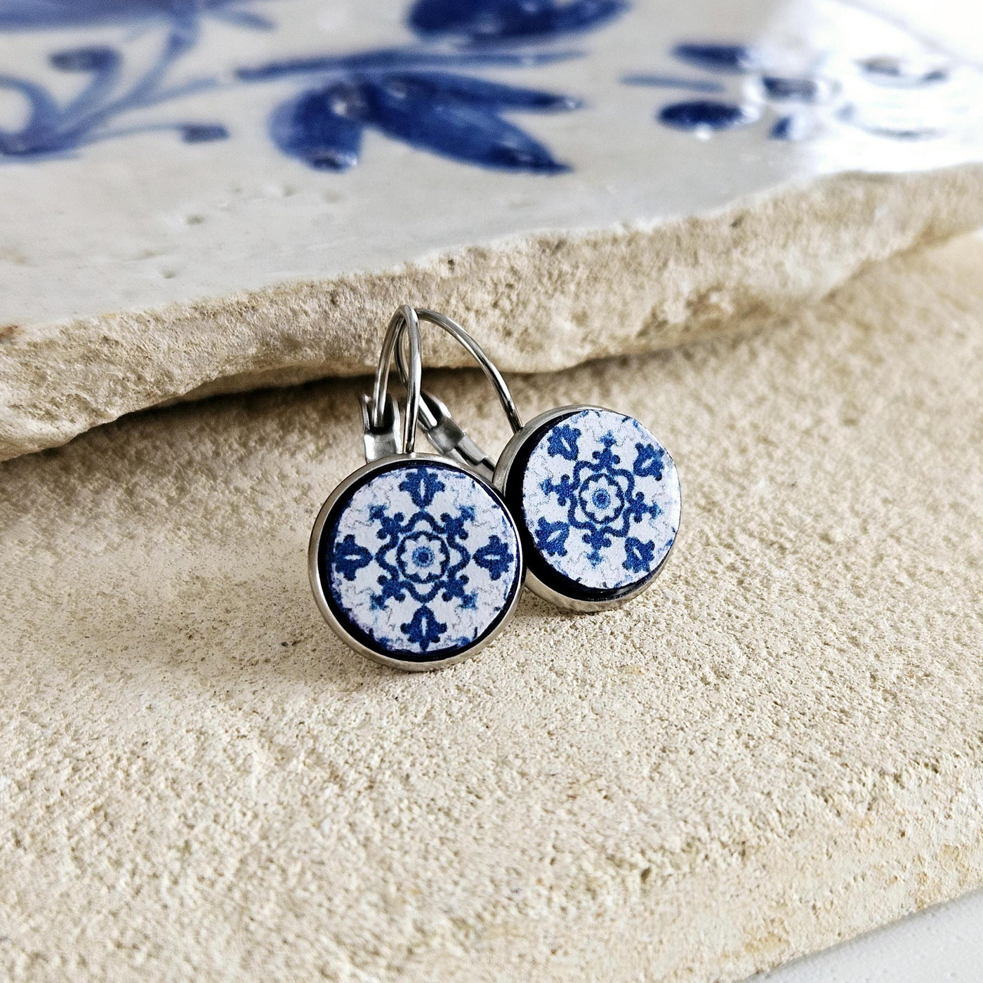 Portugal Blue Round Azulejo Earring Silver STEEL Portuguese Tile Drop Earring Geometric Earring Majolica Blue Tile Antique Azulejo Earring