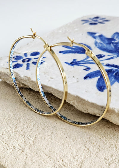 GOLD Flat HOOP Tile Earring Portugal Stainless STEEL Azulejo Delicate Gold Hoop Historical Gold Jewelry Travel Gift Portuguese Blue Tile