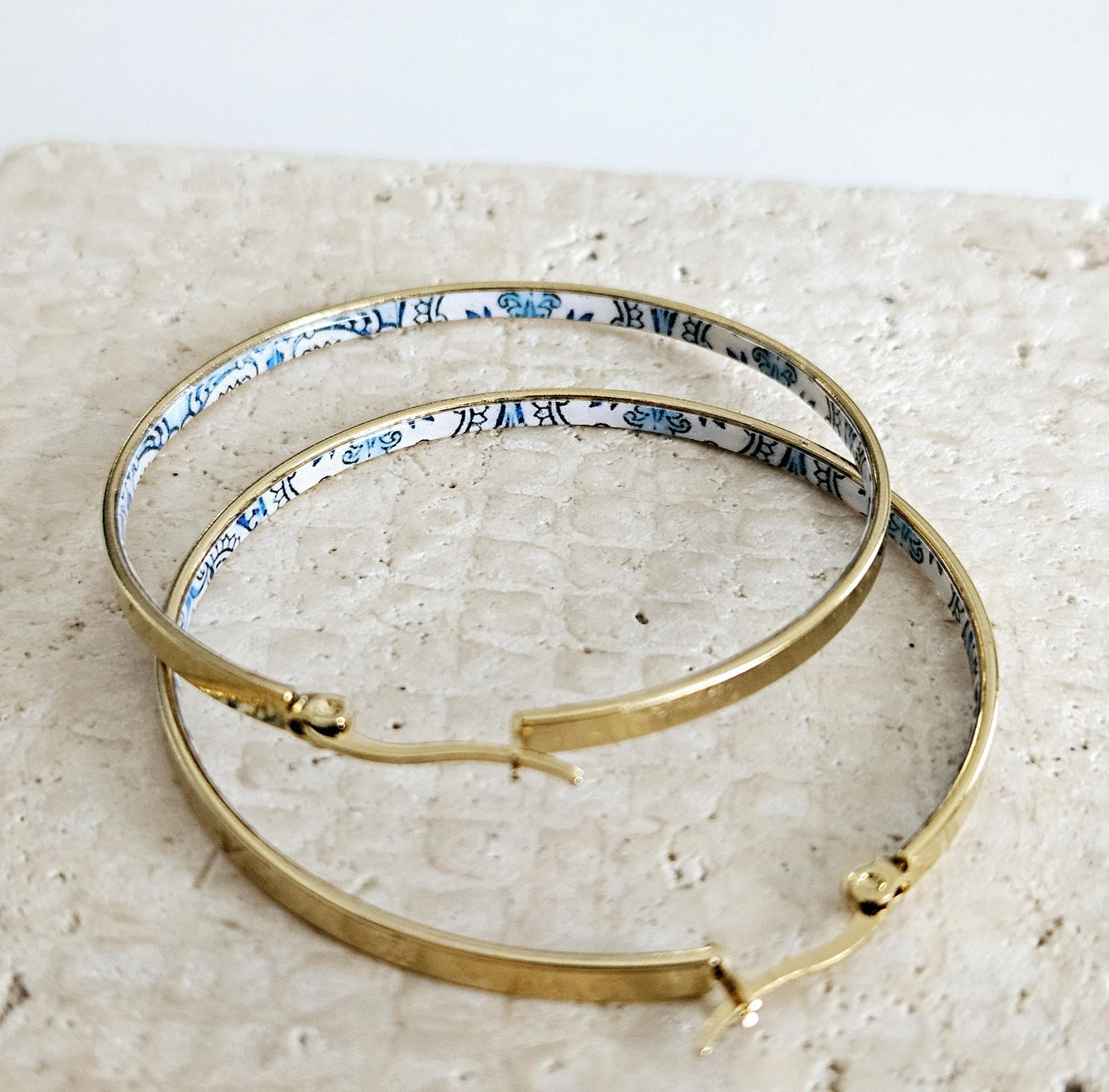 GOLD Flat HOOP Tile Earring Portugal Stainless STEEL Azulejo Delicate Gold Hoop Historical Gold Jewelry Travel Gift Portuguese Blue Tile