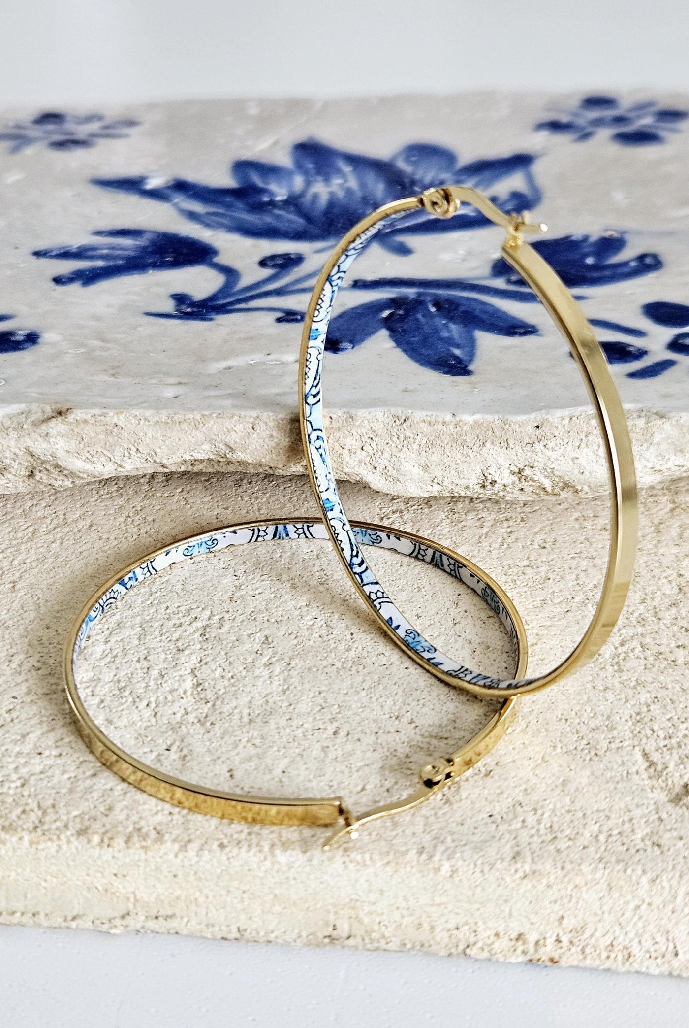 GOLD Flat HOOP Tile Earring Portugal Stainless STEEL Azulejo Delicate Gold Hoop Historical Gold Jewelry Travel Gift Portuguese Blue Tile