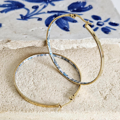 GOLD Flat HOOP Tile Earring Portugal Stainless STEEL Azulejo Delicate Gold Hoop Historical Gold Jewelry Travel Gift Portuguese Blue Tile