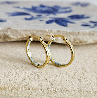 GOLD Etched Hoop Earrings Yellow Blue Inlay Tile Hoop Portuguese Tile Jewelry Anniversary Birthday Gift for Women Stainless Steel 22mm|0.9"