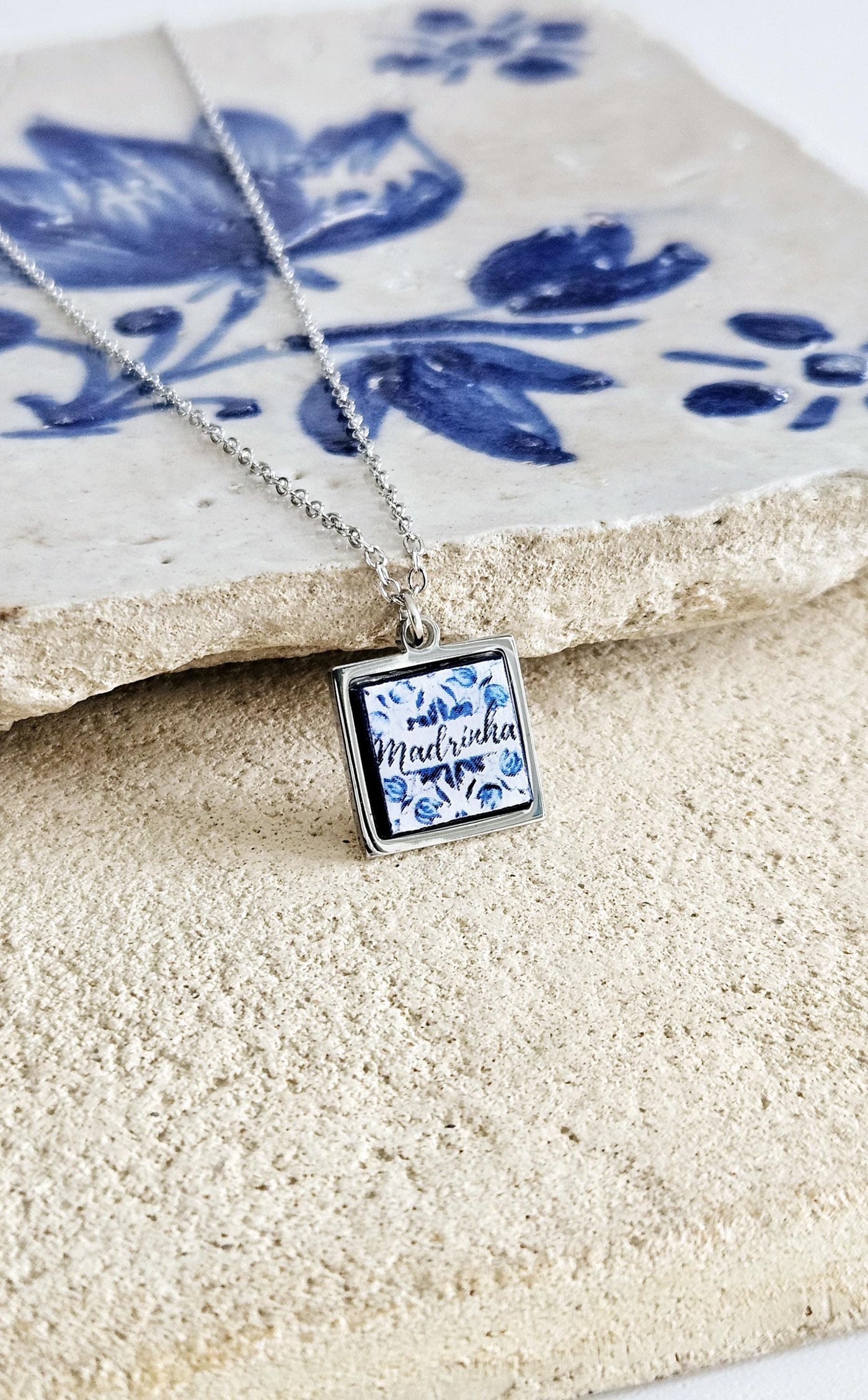 Personalized Madrinha Portugal Tile Necklace Family Gift Custom Handmade Gift Godmother Necklace Baptism Jewelry Blue White Tile Azulejo