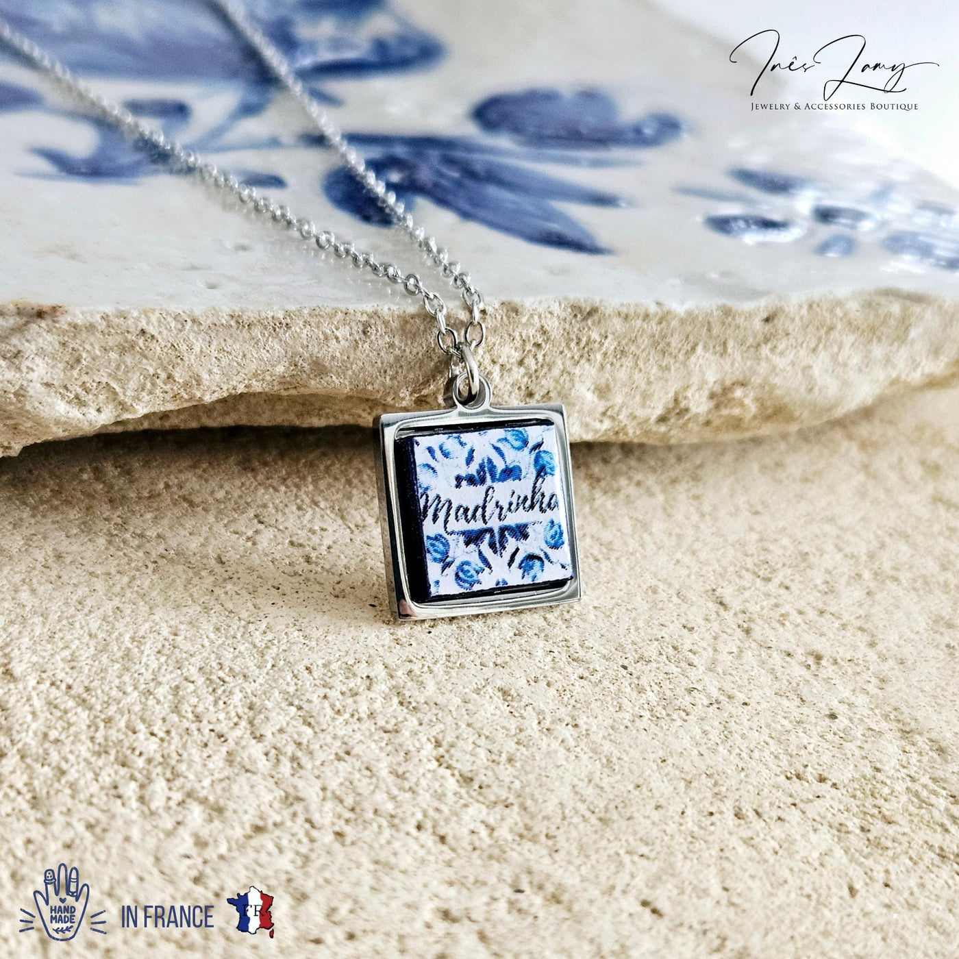 Personalized Madrinha Portugal Tile Necklace Family Gift Custom Handmade Gift Godmother Necklace Baptism Jewelry Blue White Tile Azulejo