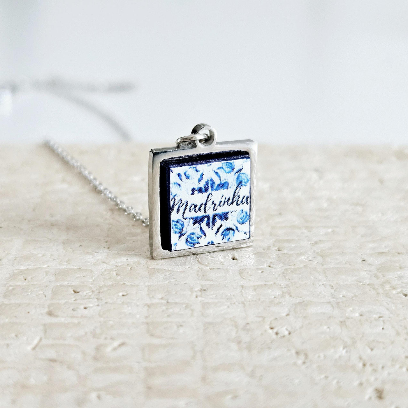 Personalized Madrinha Portugal Tile Necklace Family Gift Custom Handmade Gift Godmother Necklace Baptism Jewelry Blue White Tile Azulejo