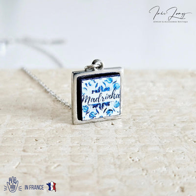 Personalized Madrinha Portugal Tile Necklace Family Gift Custom Handmade Gift Godmother Necklace Baptism Jewelry Blue White Tile Azulejo