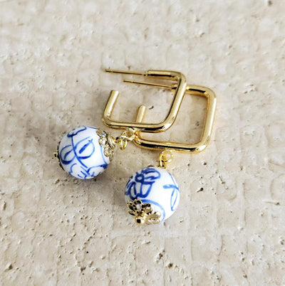 Geometric Square HOOP GOLD Ceramic Handpainted Flower Globe Bead Earring Porcelain Blue White Jewelry Flower Earring Pottery Birthday Gift