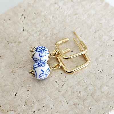 Geometric Square HOOP GOLD Ceramic Handpainted Flower Globe Bead Earring Porcelain Blue White Jewelry Flower Earring Pottery Birthday Gift